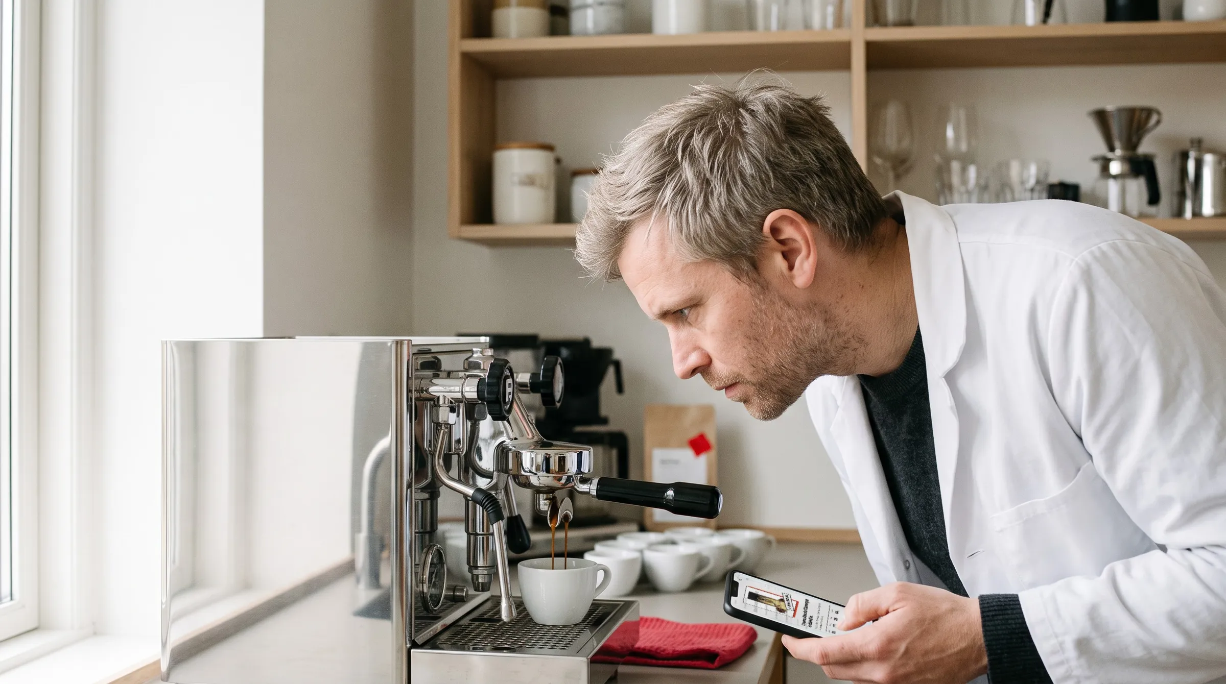 A home barista in a lab coat leans in to watch a shot of espresso pour, phone in hand